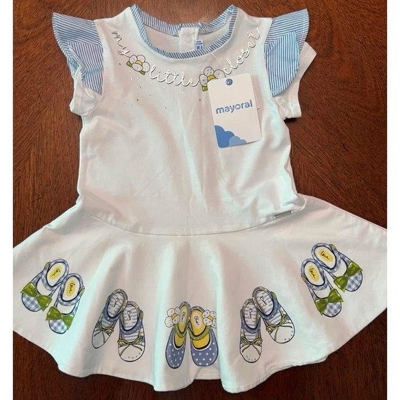 18m Mayoral NWT Stretch Cotton Ruffled Short Sleeves Shoes Print Flair‎ Skirt - Picture 1 of 1